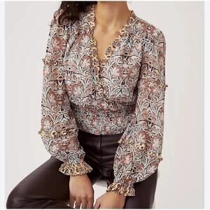 Anthropologie Floral Smocked Peplum Blouse Multicolor Viscose Womens Size XS